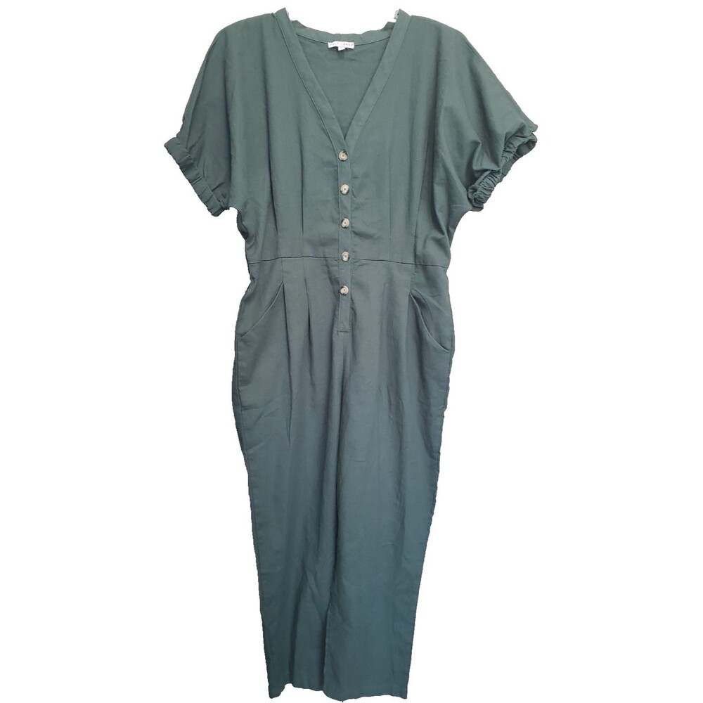 Baltic Born Cotton/Linen Green Short Sleeve Button-Up Jumpsuit Size XL Pockets